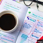 뷰티컨설턴트 학습 노트 작성법 - A detailed study desk scene showing a neatly organized analog notebook open with colorful handwritte...