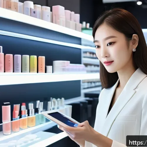 뷰티컨설턴트 산업 내 위치 분석 사례 연구 - A professional beauty consultant in a modern, sleek cosmetics store, attentively analyzing a diverse...