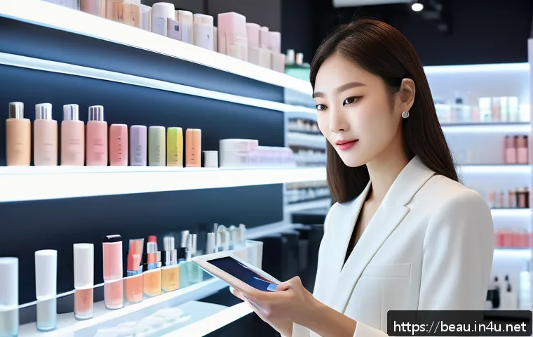 뷰티컨설턴트 산업 내 위치 분석 사례 연구 - A professional beauty consultant in a modern, sleek cosmetics store, attentively analyzing a diverse...